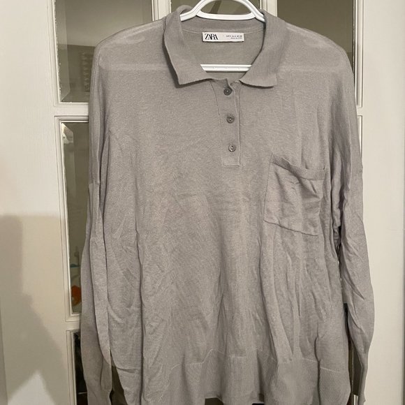 Zara Soft Green Grey Oversized Lightweight Polo Knit Sweater Pocket-Size Small - Picture 5 of 5